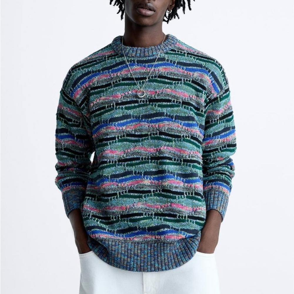 Zara Men's XL Multicolor Textured Patterned Knit Crewneck Sweater